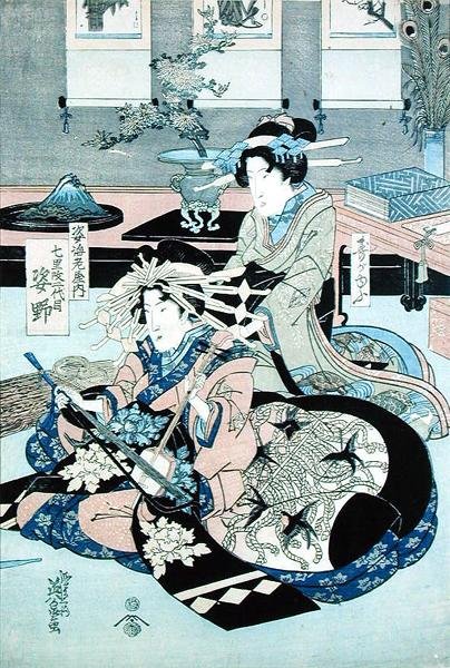 两位坐着的女士，一位在弹奏三味线（木版画） 作者 桂井义生