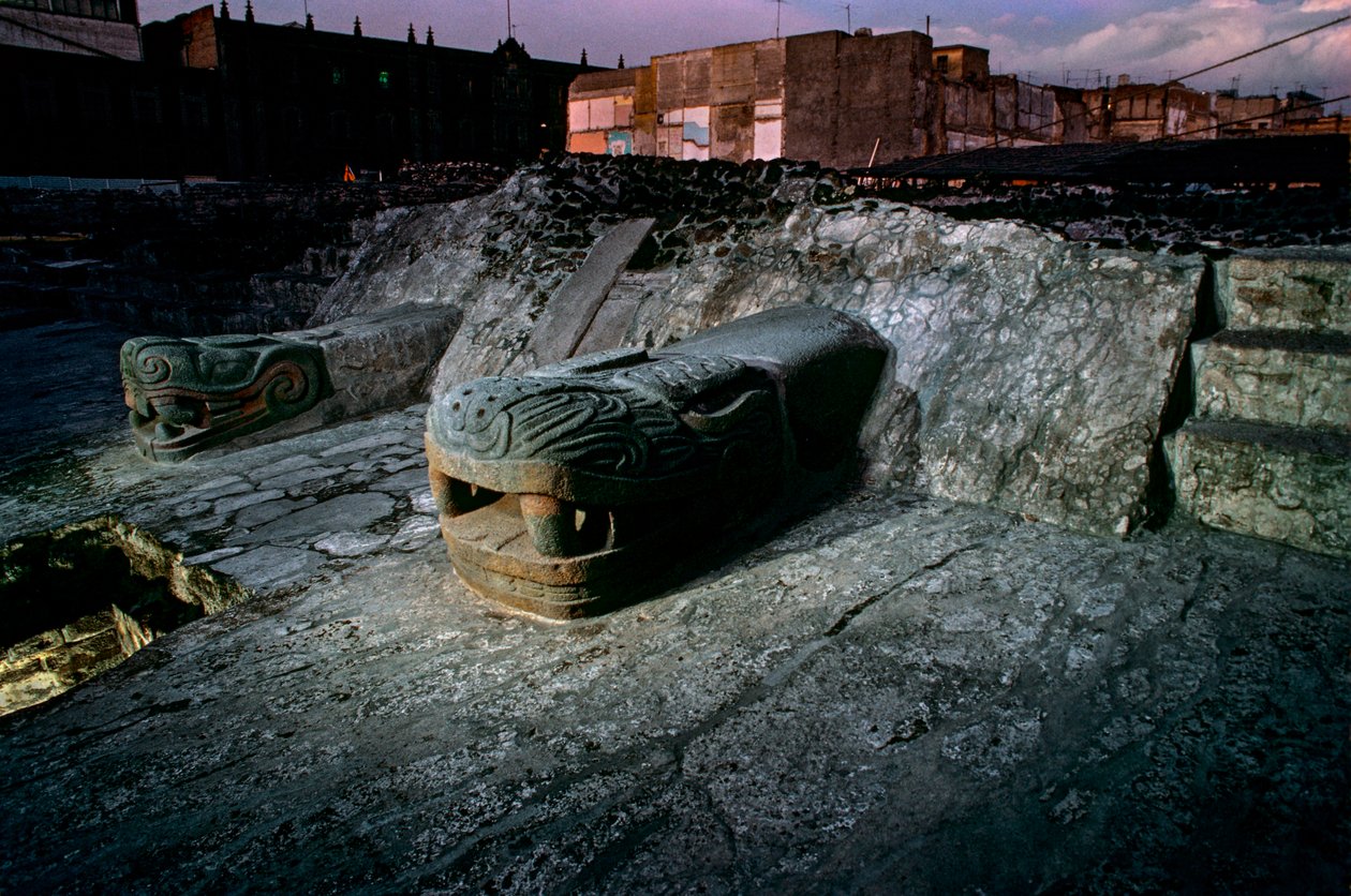 大神庙上的蛇形复制品，特诺奇蒂特兰，Templo Mayor，阿兹特克，墨西哥，墨西哥城，2010 年（照片） 作者 肯尼思·加勒特
