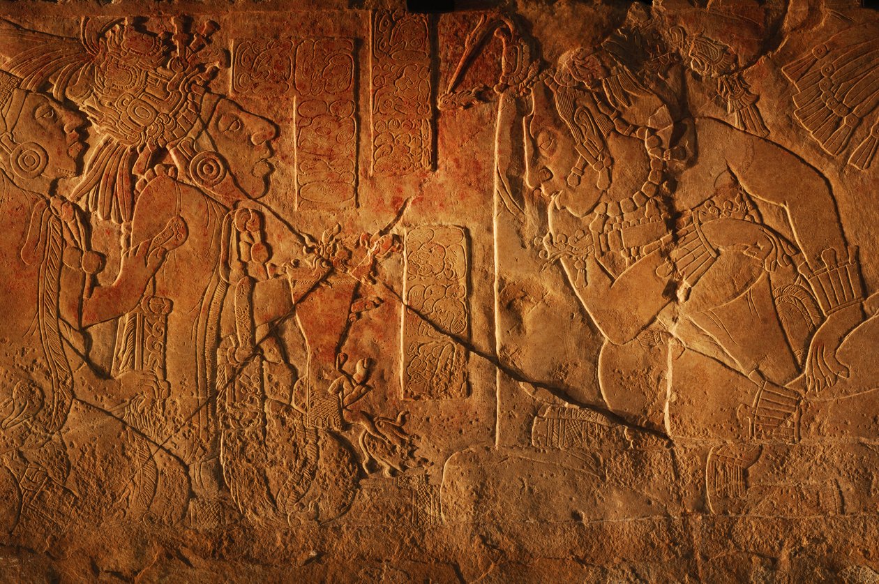 第 19 号神庙宝座台，墨西哥帕伦克，Akhal Mo Nab 的雕刻，2005 年（照片） 作者 肯尼思·加勒特
