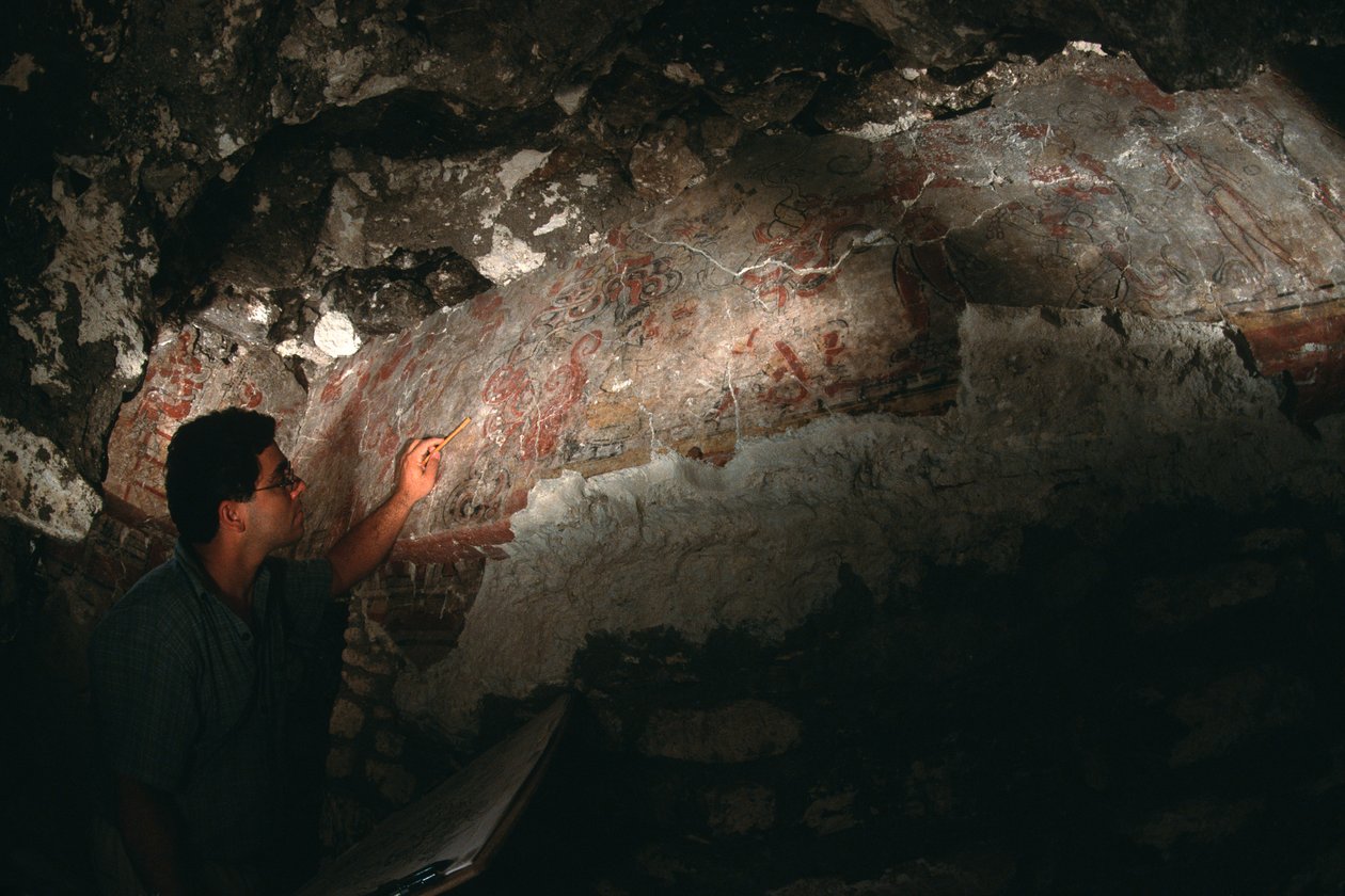 William Saturno 检查壁画，危地马拉圣巴托洛，玛雅，2002 年（照片） 作者 肯尼思·加勒特