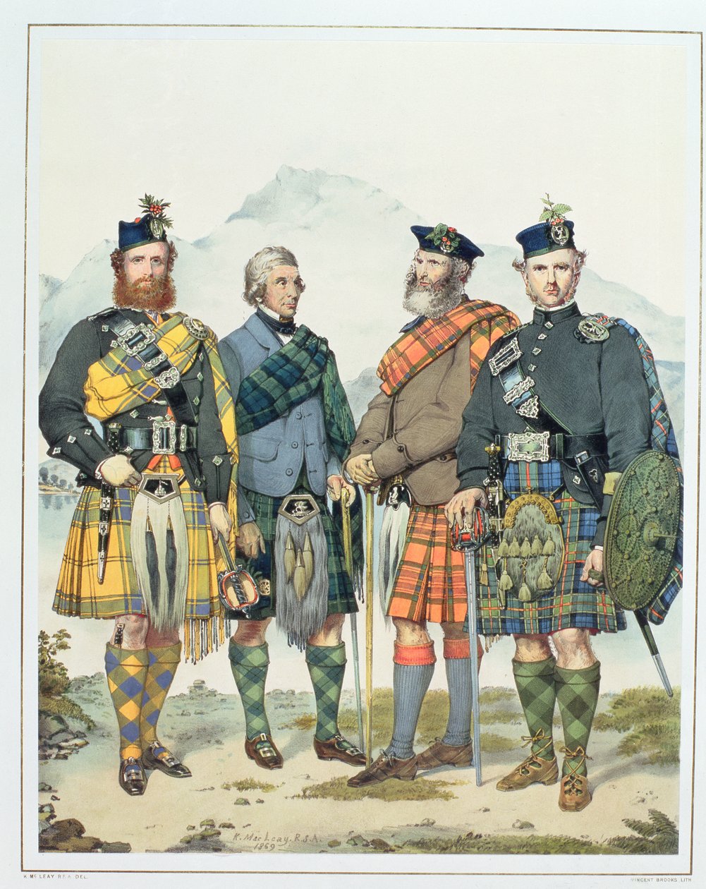 John MacLachlan，Hugh Grahame，James MacFarlane和Angus Colquhoun，维多利亚女王的两位“高地人”，由Vincent Brooks雕刻，1869年 作者 肯尼斯·麦克利（Kenneth Macleay）