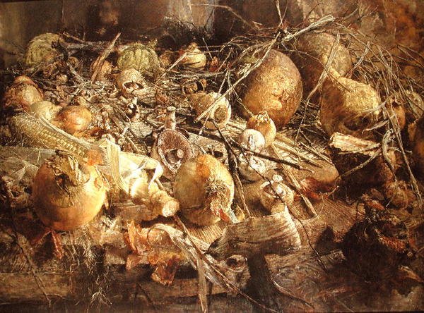洋葱、蘑菇和玉米的静物（布面油画） 作者 肯尼斯·牛顿