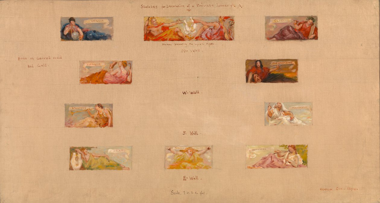 一个私人图书馆的装饰草图 A, 1894. 作者 凯尼恩·考克斯（Kenyon Cox）