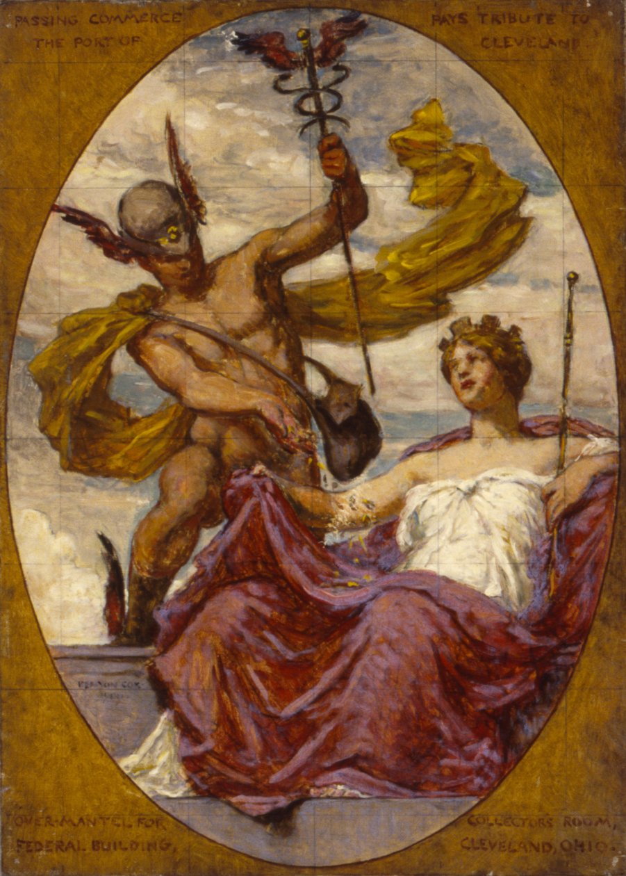 俄亥俄州克利夫兰市美国海关大楼壁画研究，通过商业向...致敬，1909年 作者 凯尼恩·考克斯（Kenyon Cox）