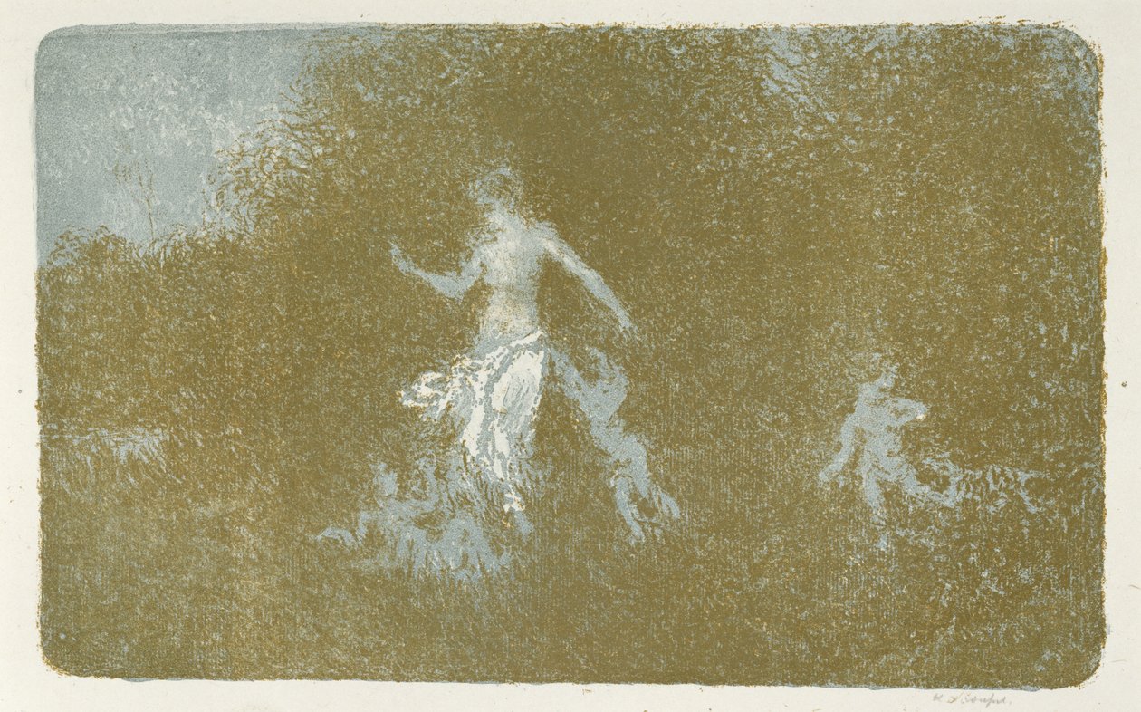 Amour jouant aupres dune nymphe（Love Playing a Nymph），c。 1900年（彩色版画） 作者 克尔·泽维尔·罗素