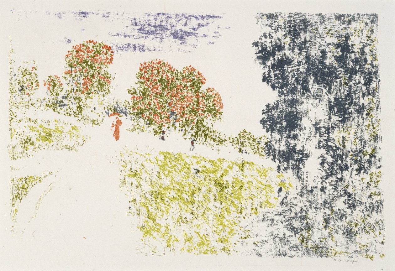 红色在风景中的女人（女人在风景中的红色），1899-1900（石版画在颜色） 作者 克尔·泽维尔·罗素