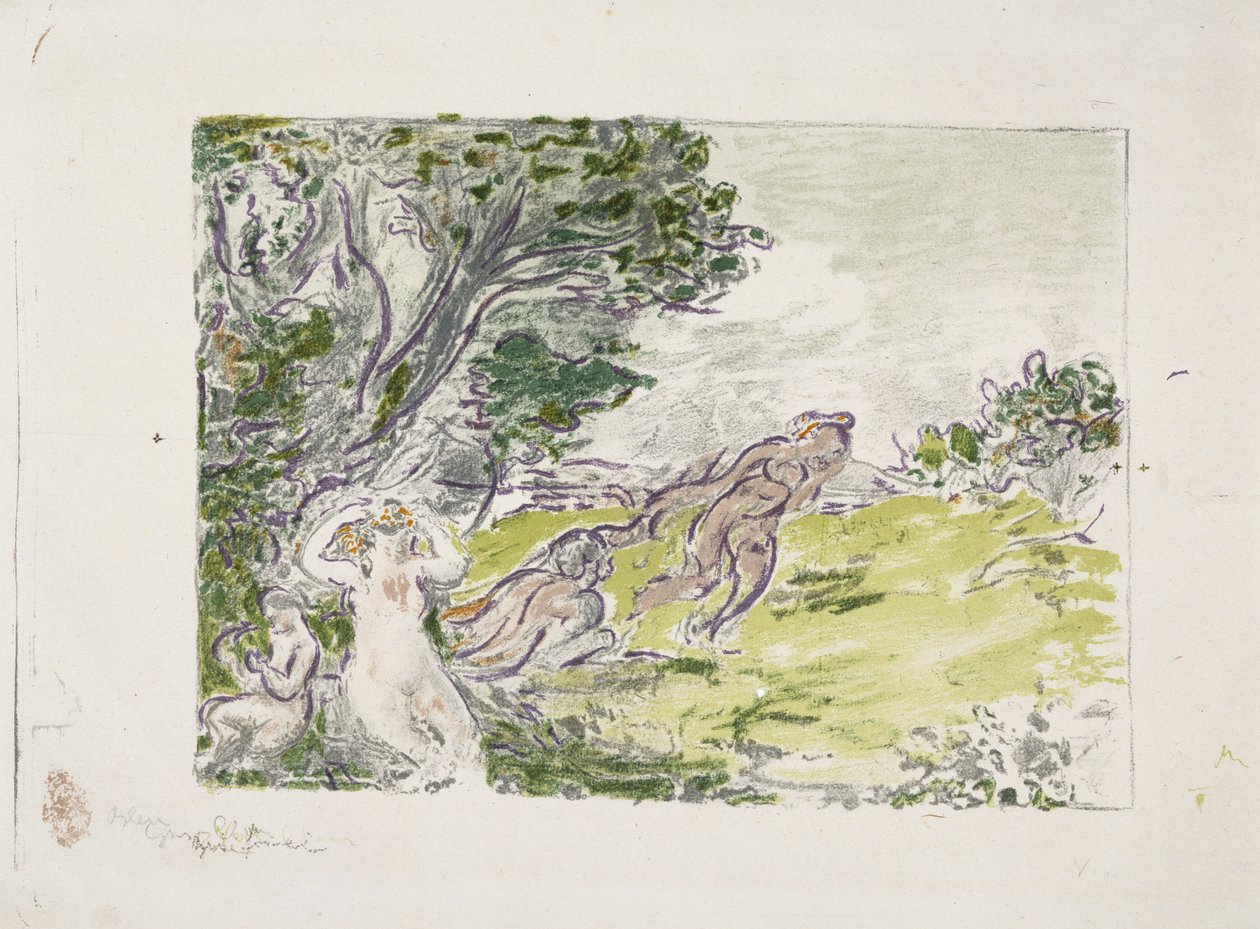 坐在一棵树下的若虫（坐在树下的若虫），1900年（彩色石版画） 作者 克尔·泽维尔·罗素