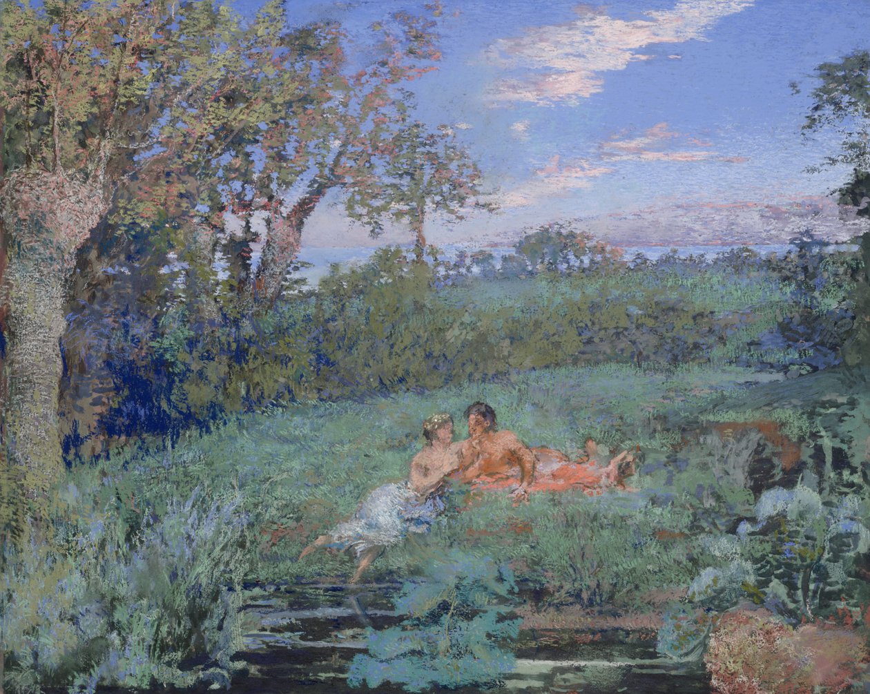 1910-20年，《河岸上的恋人》（纸板上的粉彩和水彩画） 作者 克尔·泽维尔·罗素