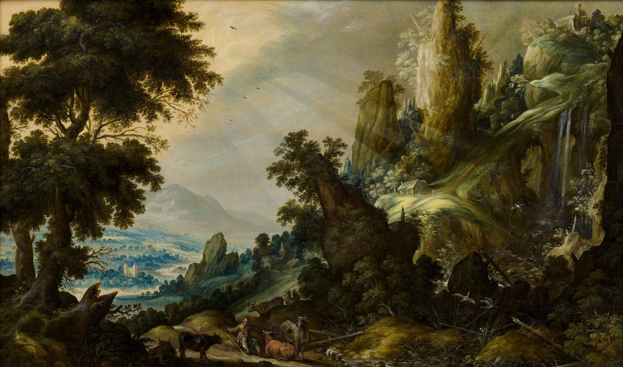 有瀑布的山区景观，1605-1609年 作者 克斯蒂安·科宁克