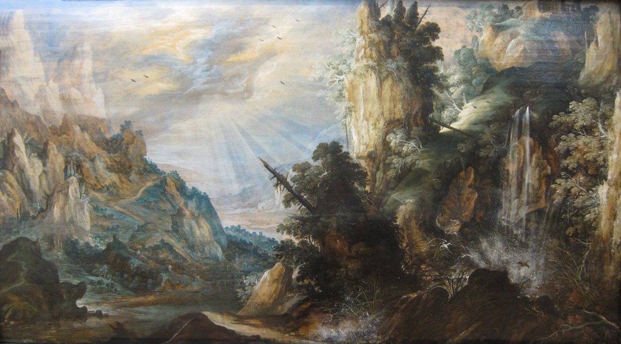 Kerstiaen de Keuninck 创作的《带瀑布的山景》，约 1600 年 作者 Kerstiaen de Keuninck