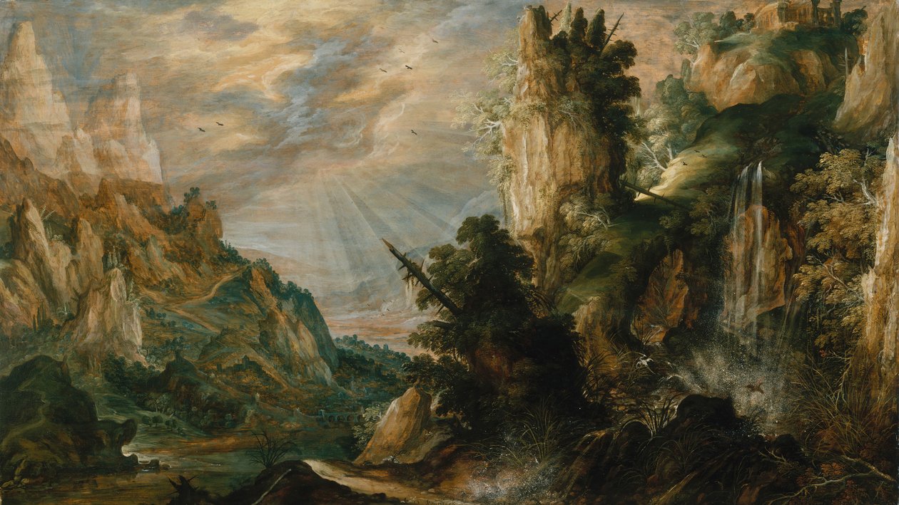 约有瀑布的山区景观。 1600。 作者 Kerstiaen de Keuninck