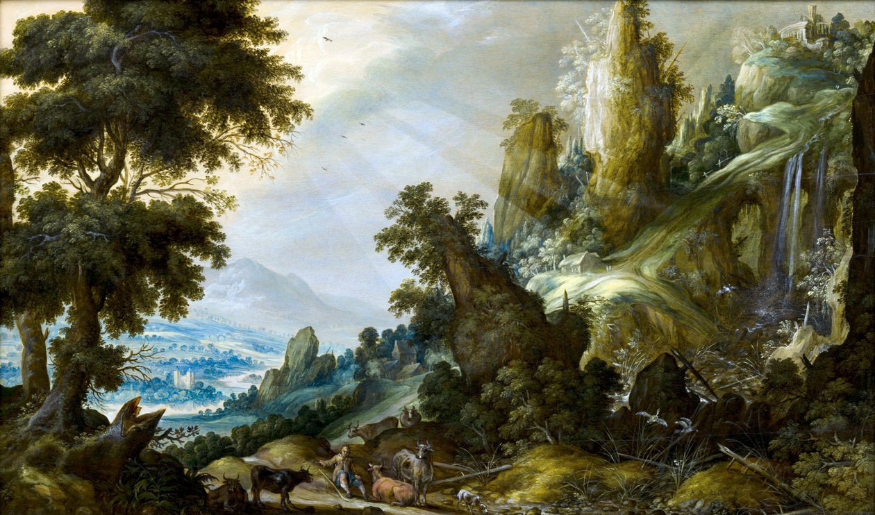 带瀑布的山景 par Keuninck, Kerstiaen, de (ca.1560-1633) 作者 Kerstiaen de Keuninck