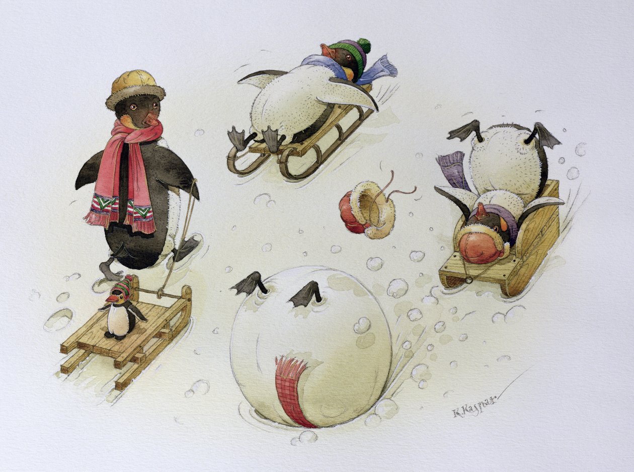 Penguins Sledging，1999（wc on paper） 作者 卡斯图蒂斯·卡斯帕拉维修斯（Kestutis Kasparavicius）