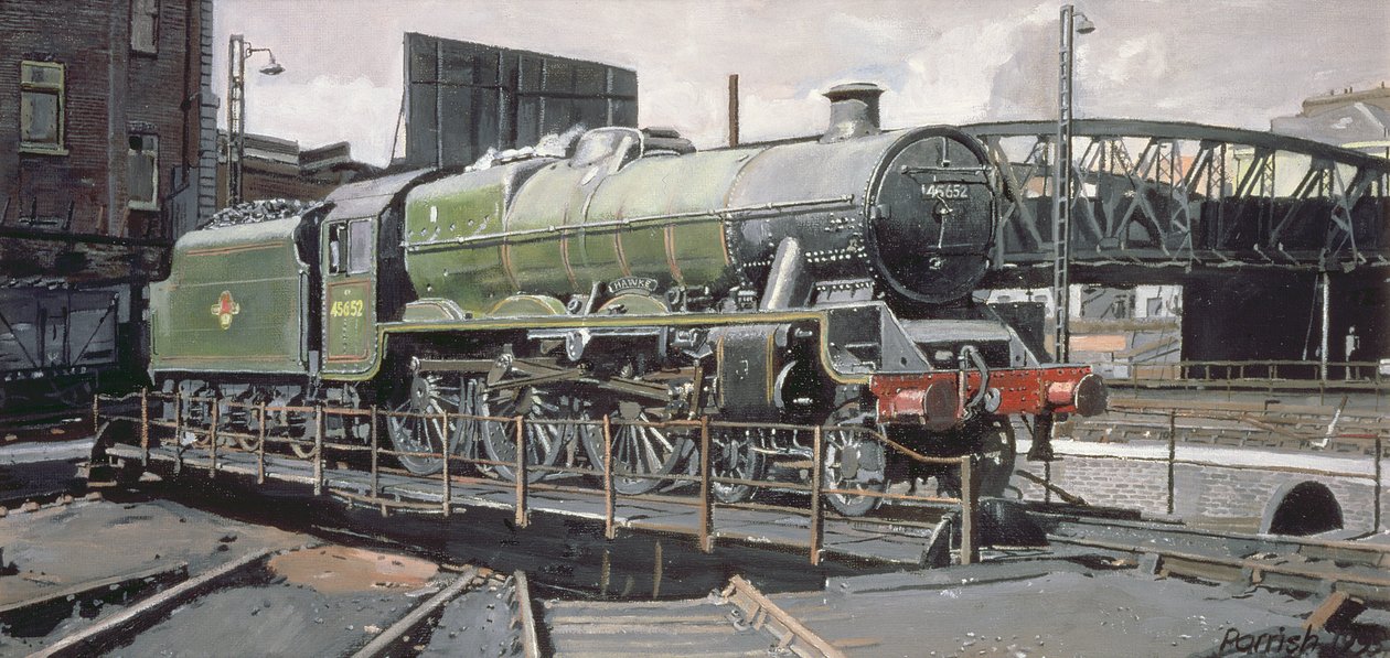 Jubilee Turnaround，Hawke 45652 Jubilee Class Locomotive on Camden turnntable，London 作者 铁路艺术家Parrish的Kevin Guild