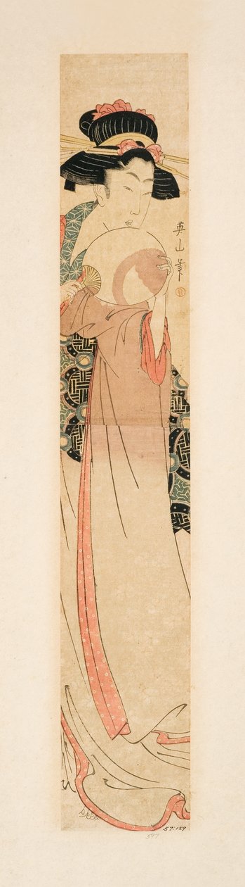 拿着扇子的美女，c.1805-10（木刻） 作者 菊川荣山