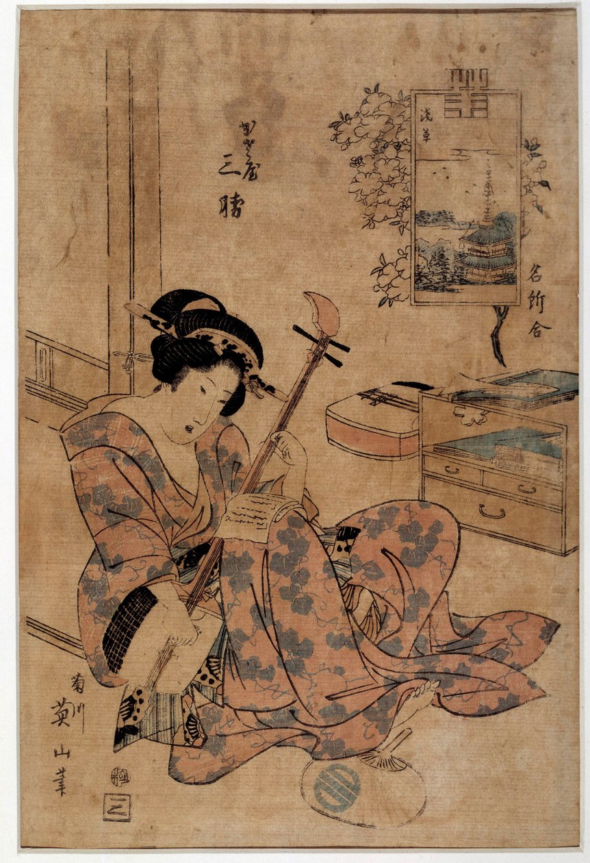 艺术日本：音乐家。 Eizan Kikugawa (1787-1867) 的版画 18 世纪 Rennes，Musee des Beaux Arts 作者 菊川荣山
