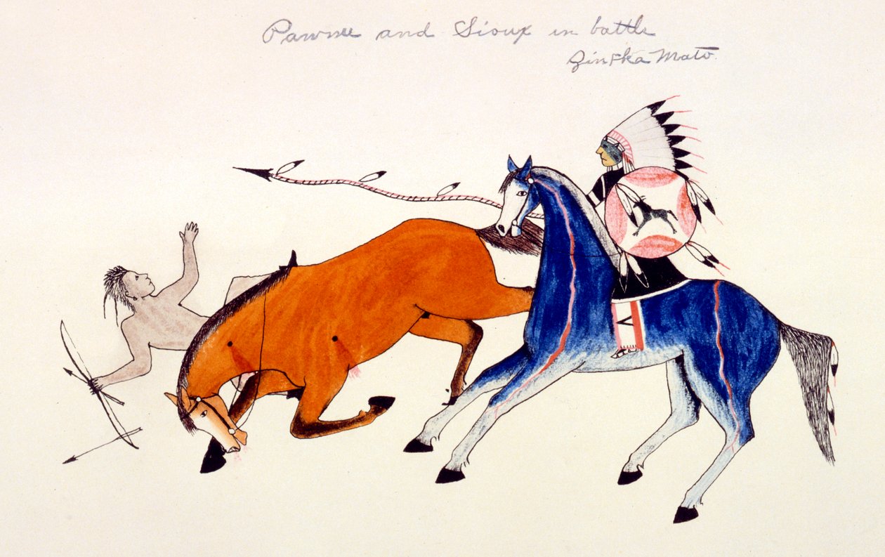 Dakota Sioux战士Zintka Mato Dog Bear解除对Pawnee战士的驯服，c1889-1927。 作者 杀死两个