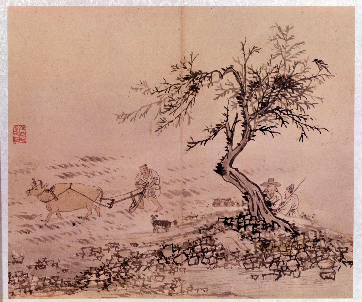 艺术核心：耕作场景。金弘道（Kim Hong Do）或丹原（1745-约 1806 年）的版画 作者 金弘道
