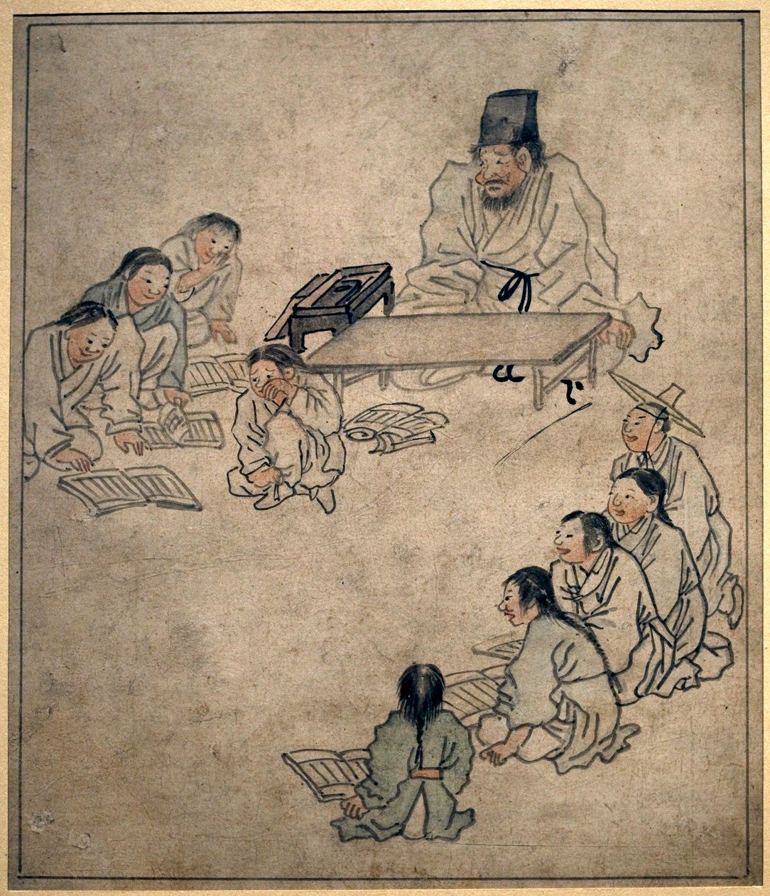 学校的课堂丹原（金弘道）（1745-1806 年）的画作，纸上水墨，Coreen 艺术，朝鲜（朝鲜）时期，18 世纪。韩国国立博物馆，首尔（韩国）。 作者 金弘道