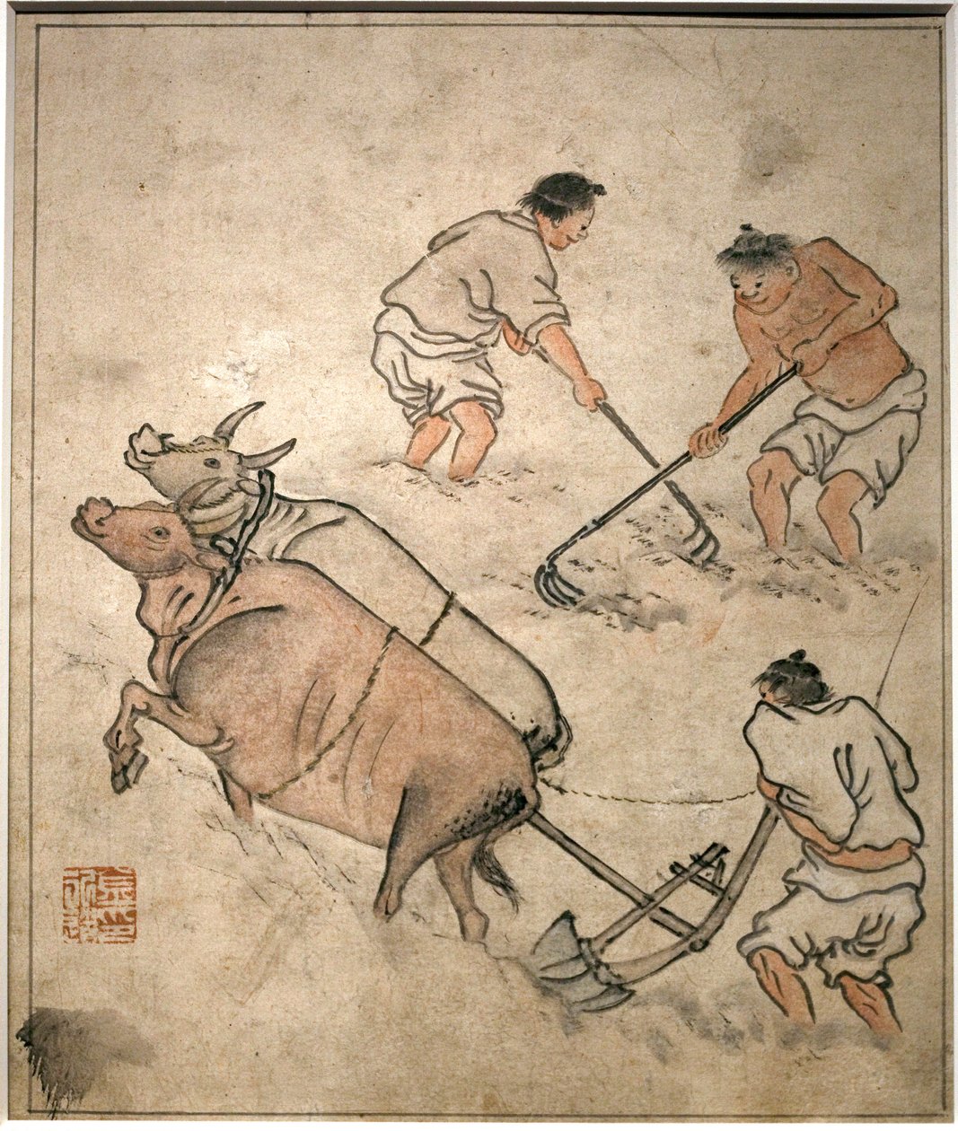 农活场景。丹原（金弘道）（1745-1806 年）的画作，纸本水墨，Coreen 艺术，朝鲜（朝鲜）时期，18 世纪。韩国国立博物馆，首尔（韩国）。 作者 金弘道