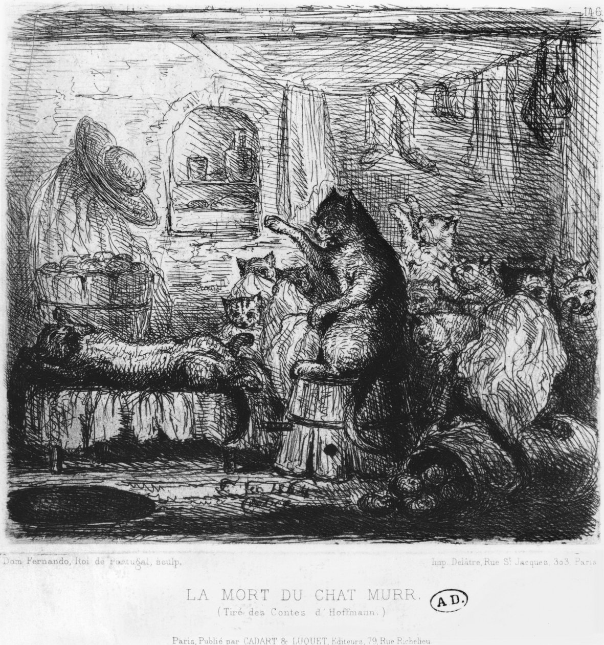 猫谋杀之死，由Ernst Theodor Amadeus Hoffmann（1776-1822）发表的猫谋生活视图中的插图1820-22 作者 葡萄牙国王费尔南多二世