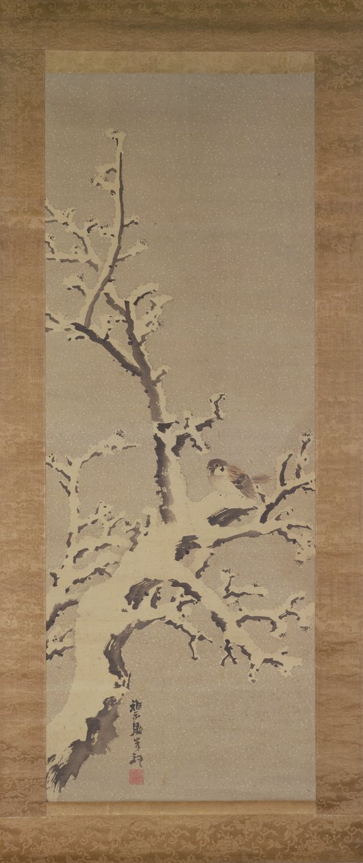 在暴风雪中的一棵树上的麻雀，c.1800（纸上的颜色） 作者 岸氏岸