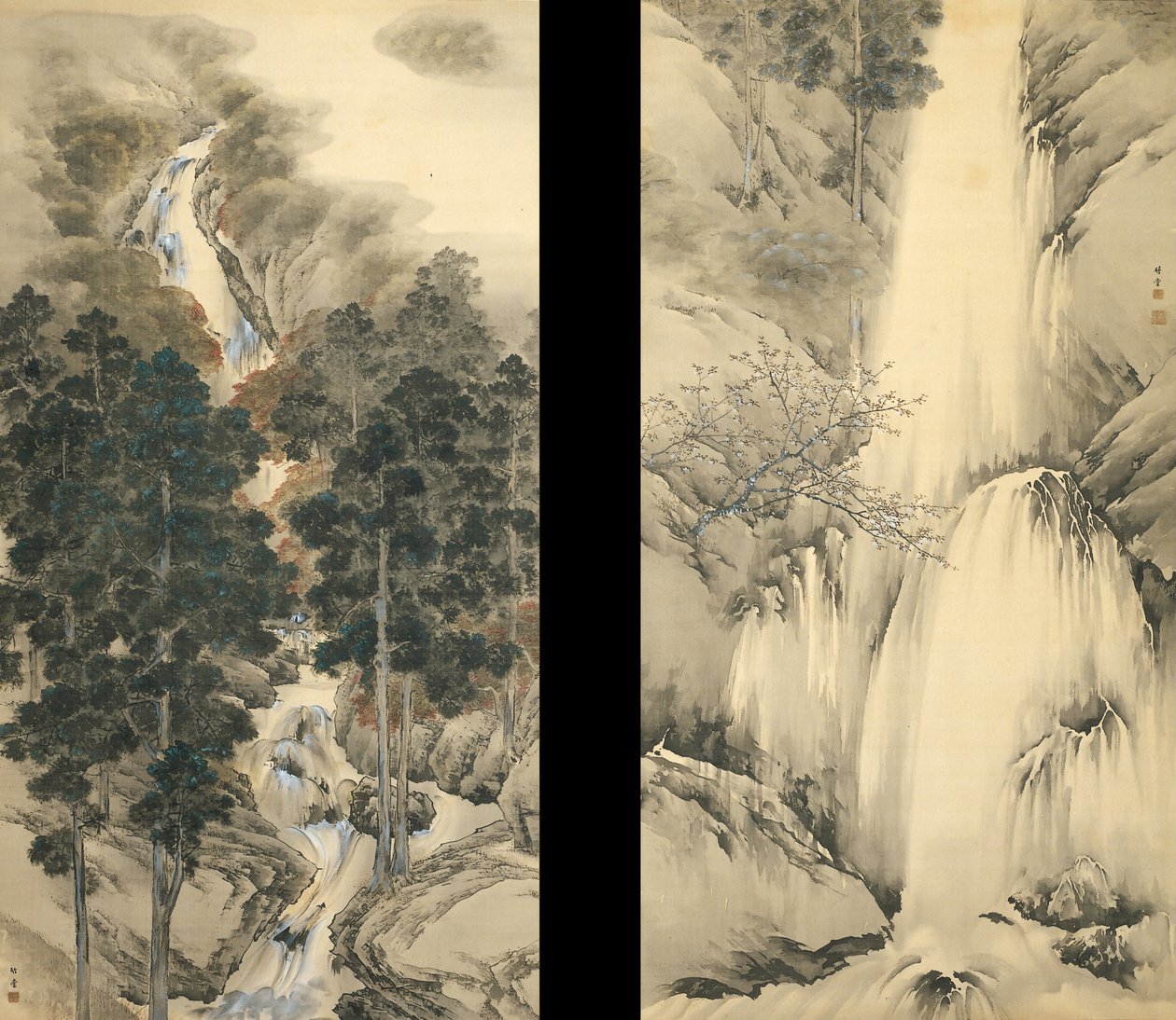 春天和秋天的瀑布两幅挂轴集，1893年 作者 筑紫岸