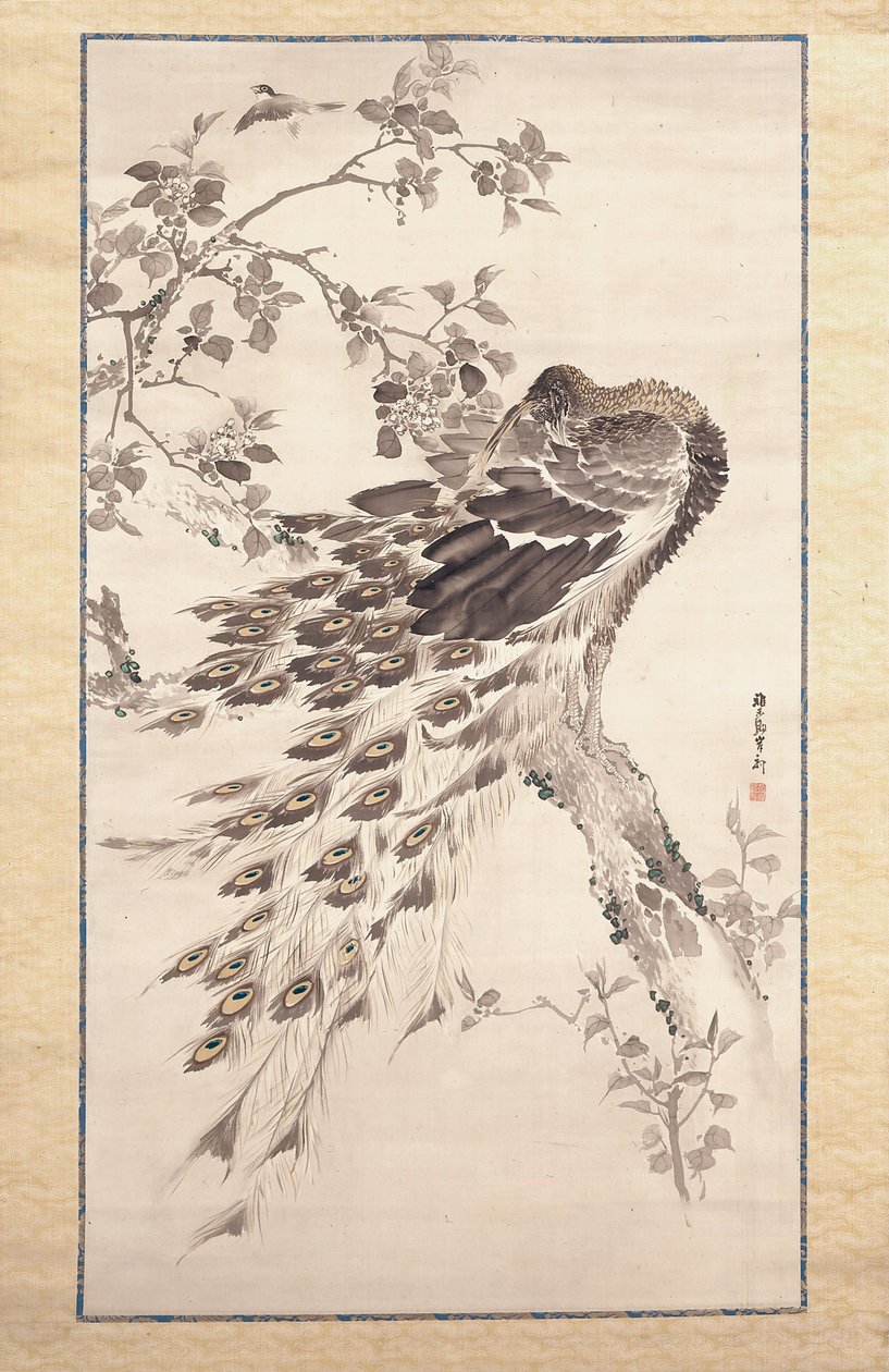 樱桃苹果树上的孔雀（绢本水墨设色） 作者 岸氏岸