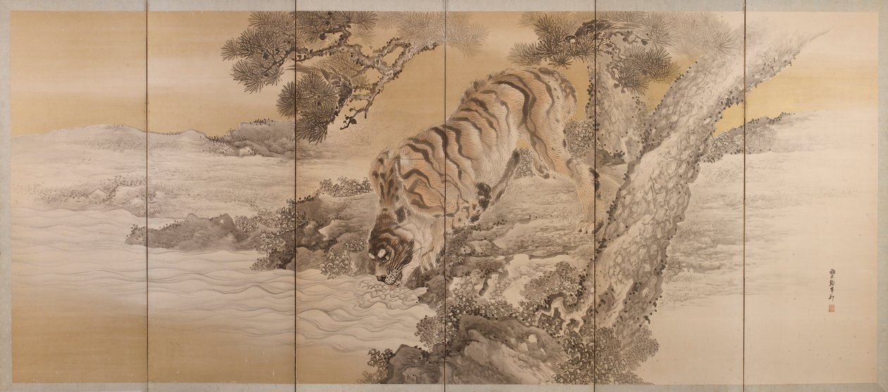 描绘饮水虎的六折屏风，1749-1838年 作者 岸氏岸