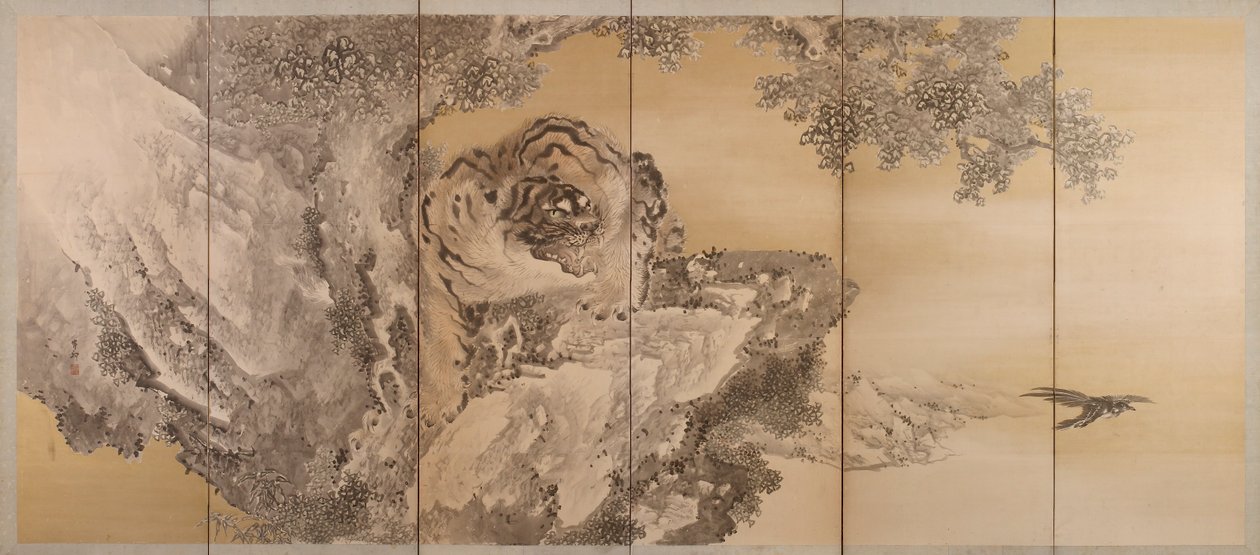 描绘咆哮的老虎的六折屏风，1749-1838年 作者 岸氏岸