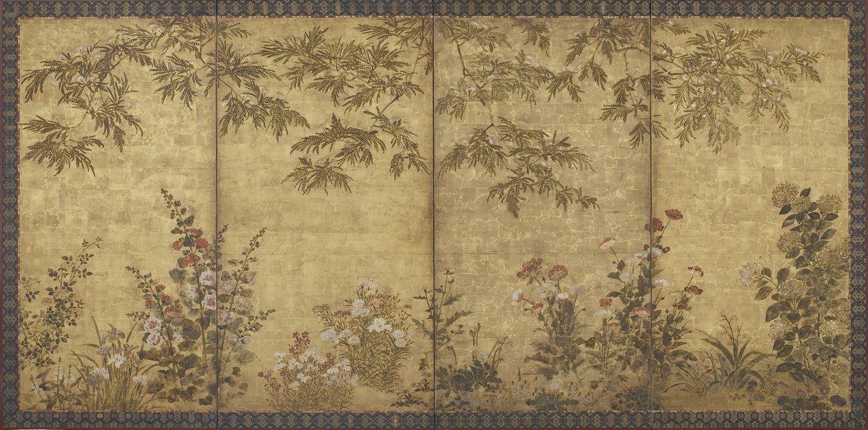 含羞草树，罂粟花，蜀葵和其他花卉，江户时代，1630-70（墨水，颜色和金在纸上） 作者 北川漱雪