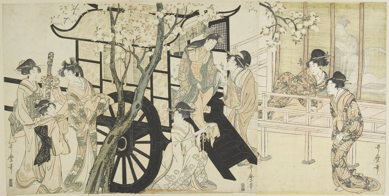 （观看与皇家马车场景相似的樱花），c。 1798 作者 北川宇多郎