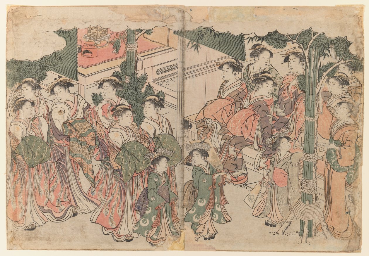 新年节日的妓女随行人员，1785（diptych） 作者 北川宇多郎