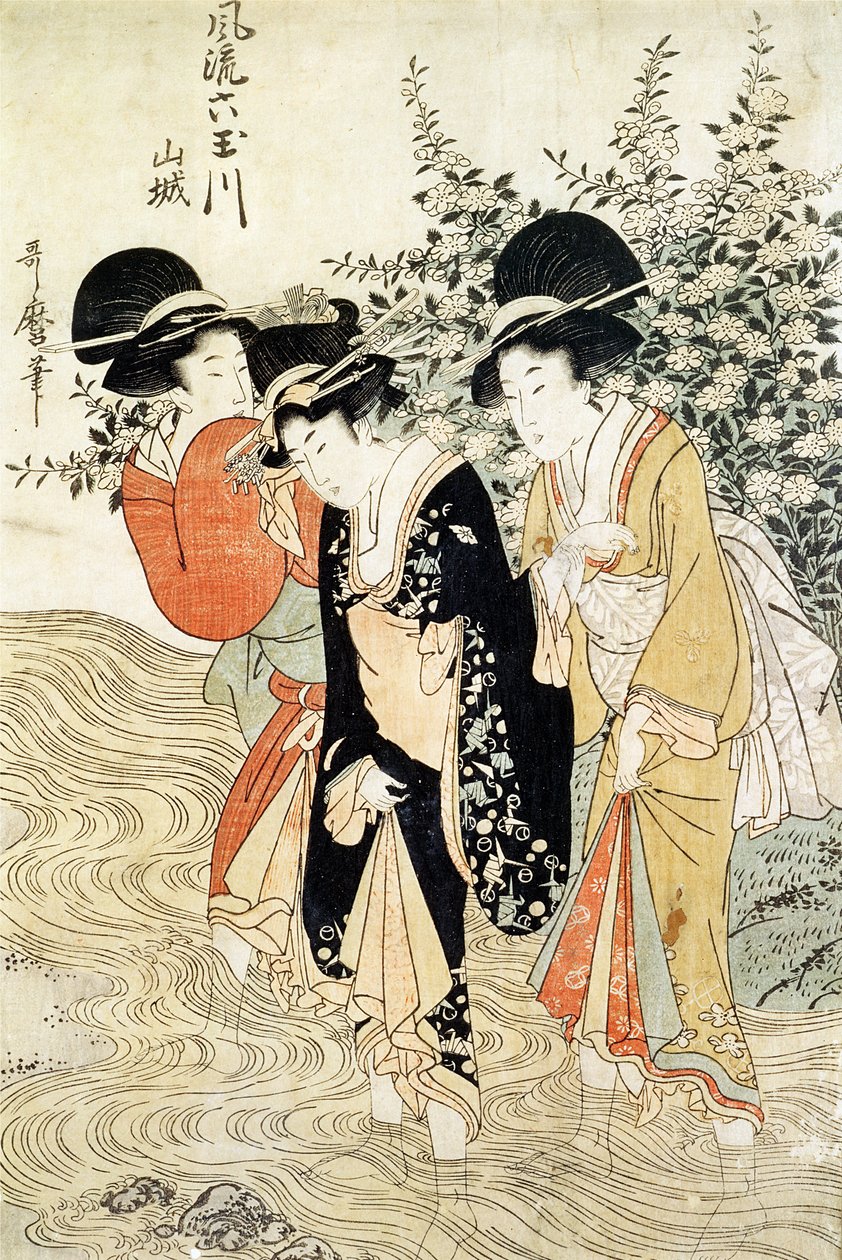1790年出版的山城省“时尚六宝石河”中的三个女孩在河中划船（彩色木版画） 作者 北川宇多郎
