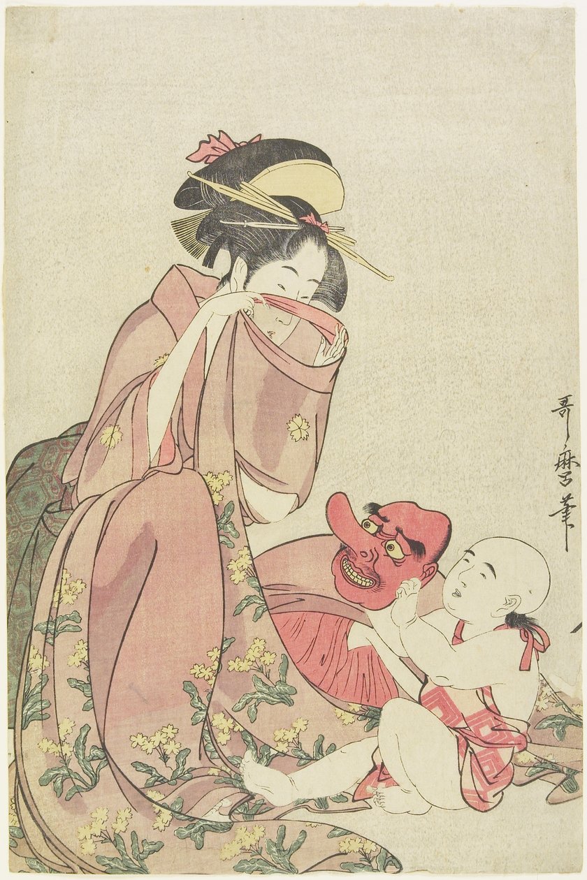 使用与Tengu面具的一个孩子的妇女，1795-1802 作者 北川宇多郎