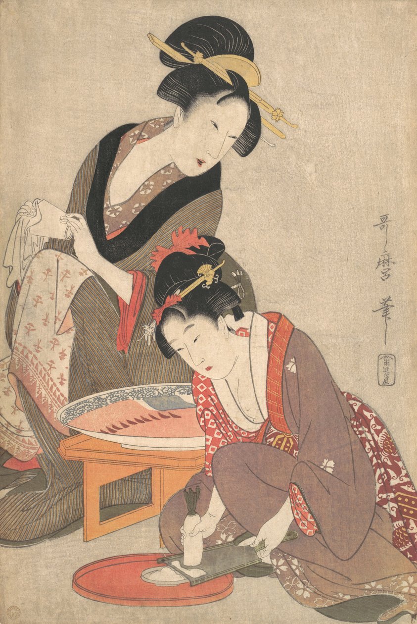 妇女准备生鱼片，c.1806 作者 北川宇多郎