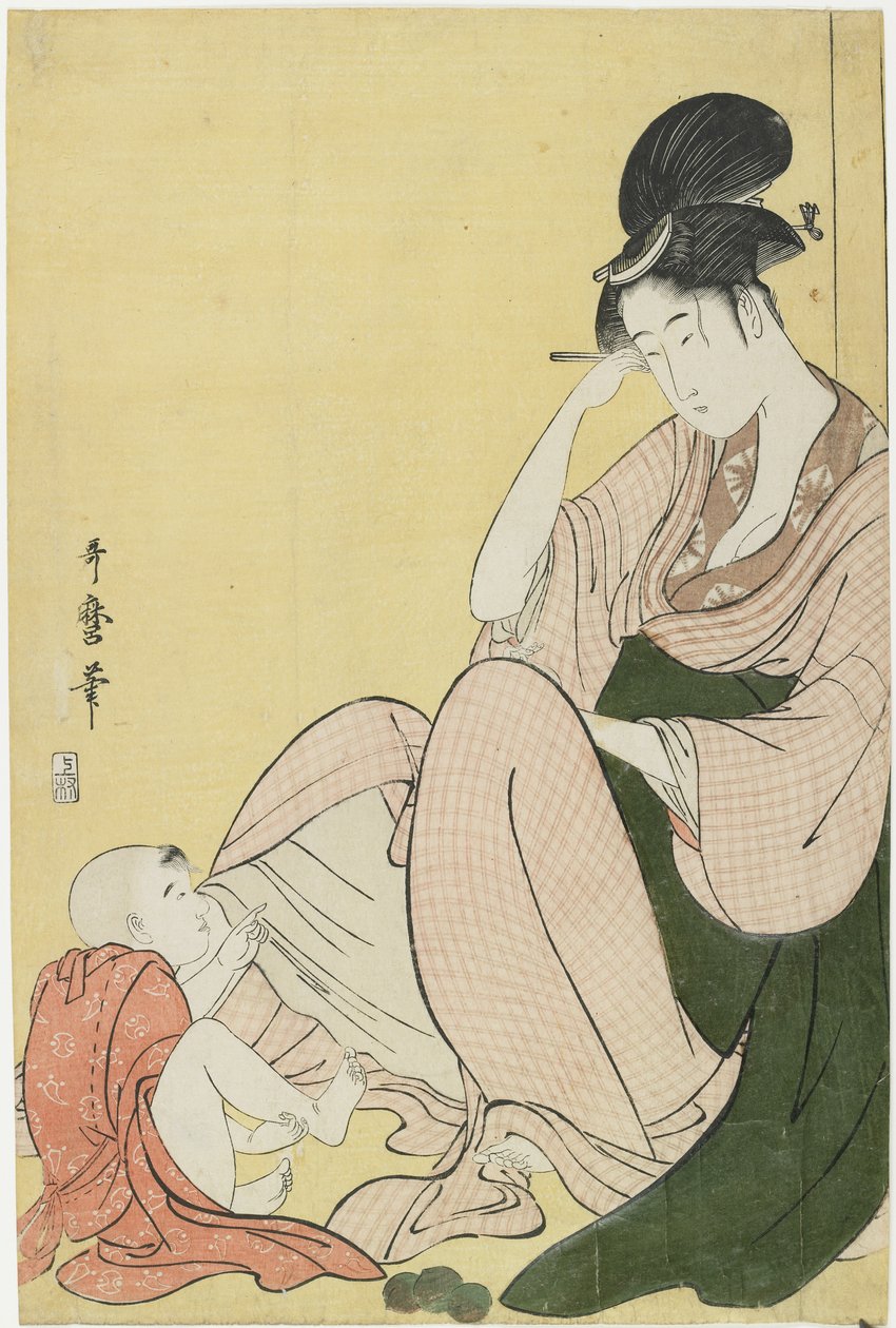 女人和一个孩子指着，1794年至1795年 作者 北川宇多郎