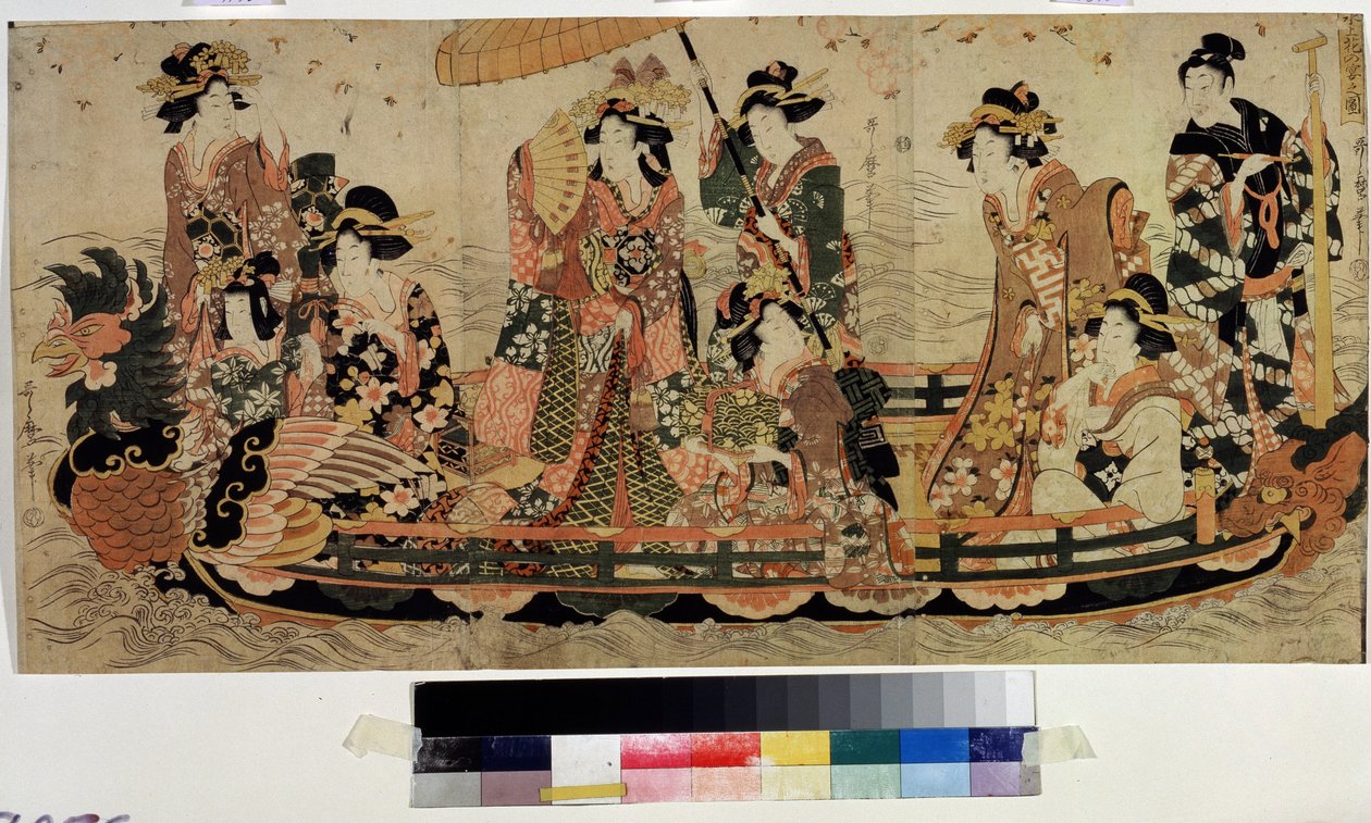 赏樱（花见）。北川宇多麿二世(?-1831 年)的版画。彩色蚀刻版画，37 x 76 厘米。东方艺术。莫斯科普希金博物馆 作者 北川二歌摩