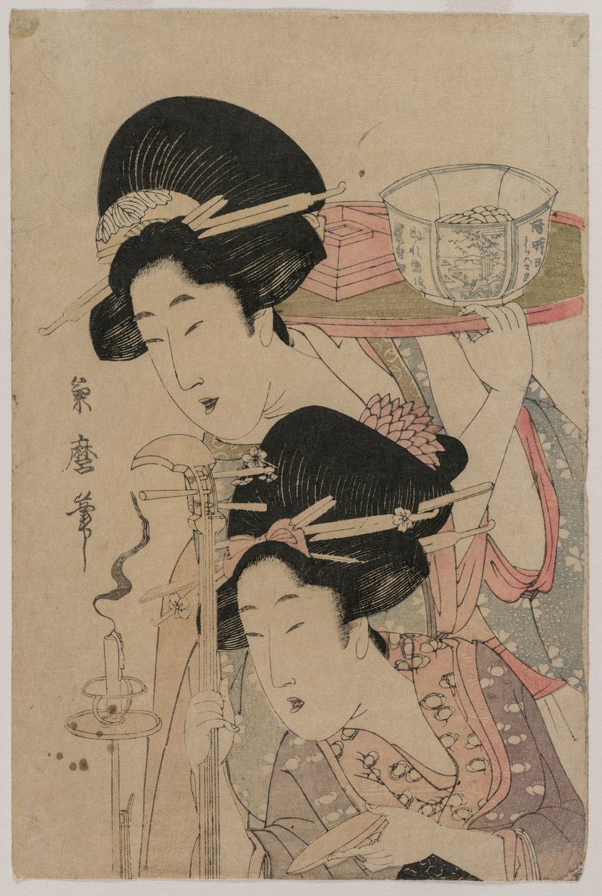 1800年代中期，一支蜡烛旁的两名艺妓。 作者 北川菊太郎