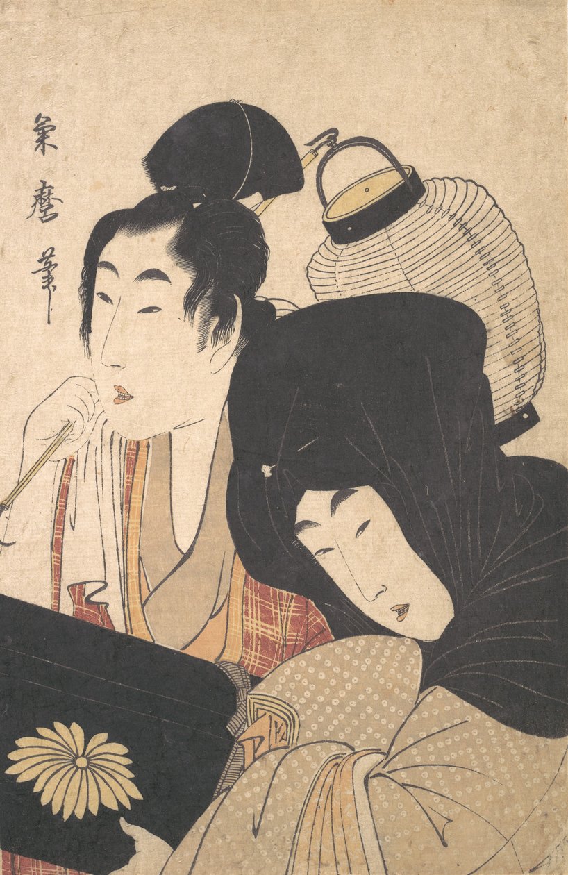 年轻女子在夜间由仆人陪伴......，18世纪末至19世纪初。 作者 北川菊太郎