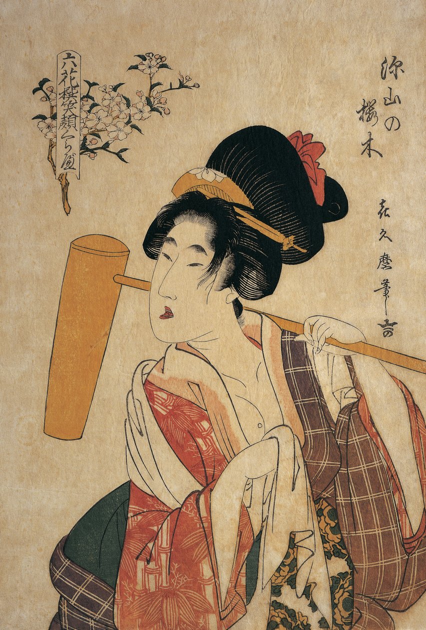 肩上扛着木杵的年轻女子特写 作者 北川月丸