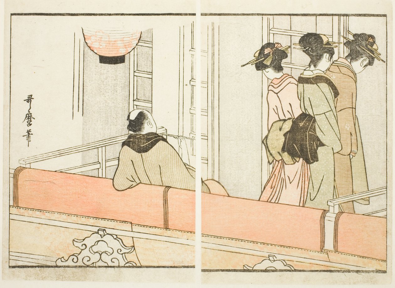歌舞伎剧院的包厢，选自绘本《演员化妆间指南》（Yakusha gakuya tsu）。 作者 北川宇多郎