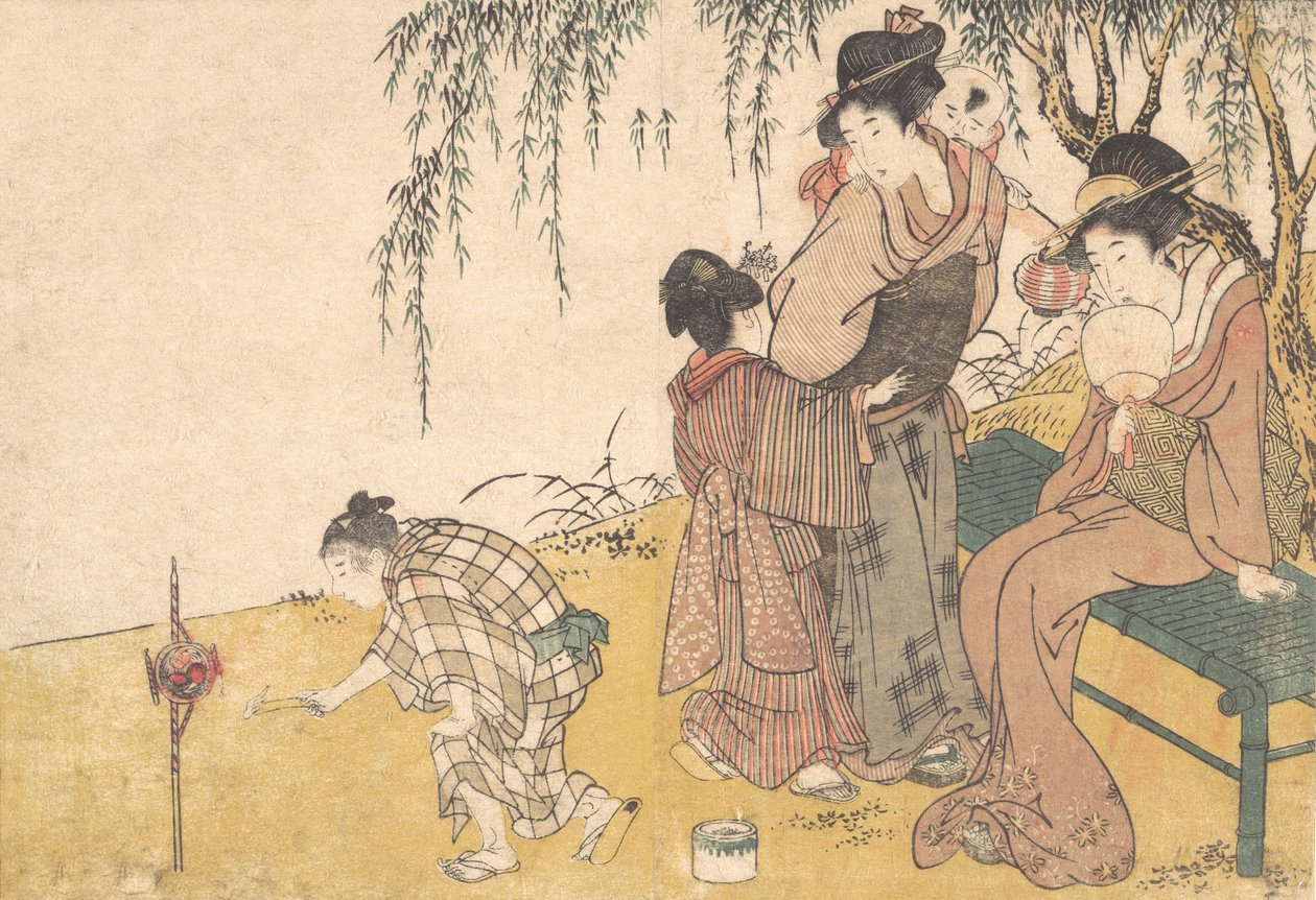 一个孩子在点燃烟花，出自绘本《四季之花》，1801年。 作者 北川宇多郎