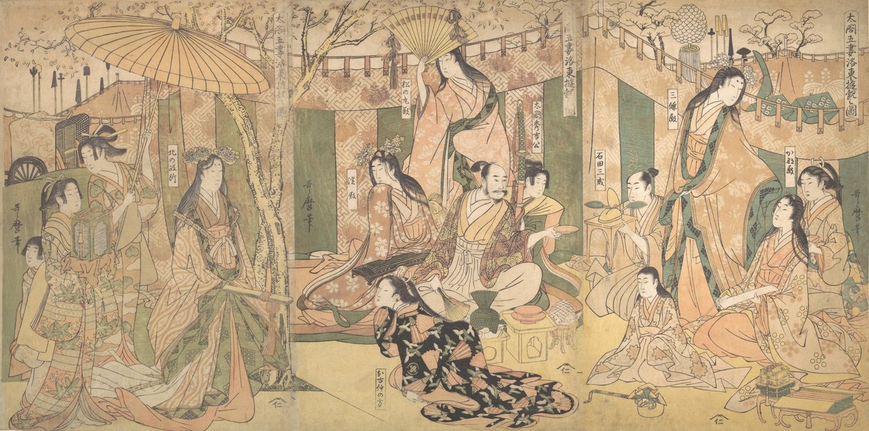 乐土的太鼓和他的五个妻子的快乐之景，1804年。 作者 北川宇多郎