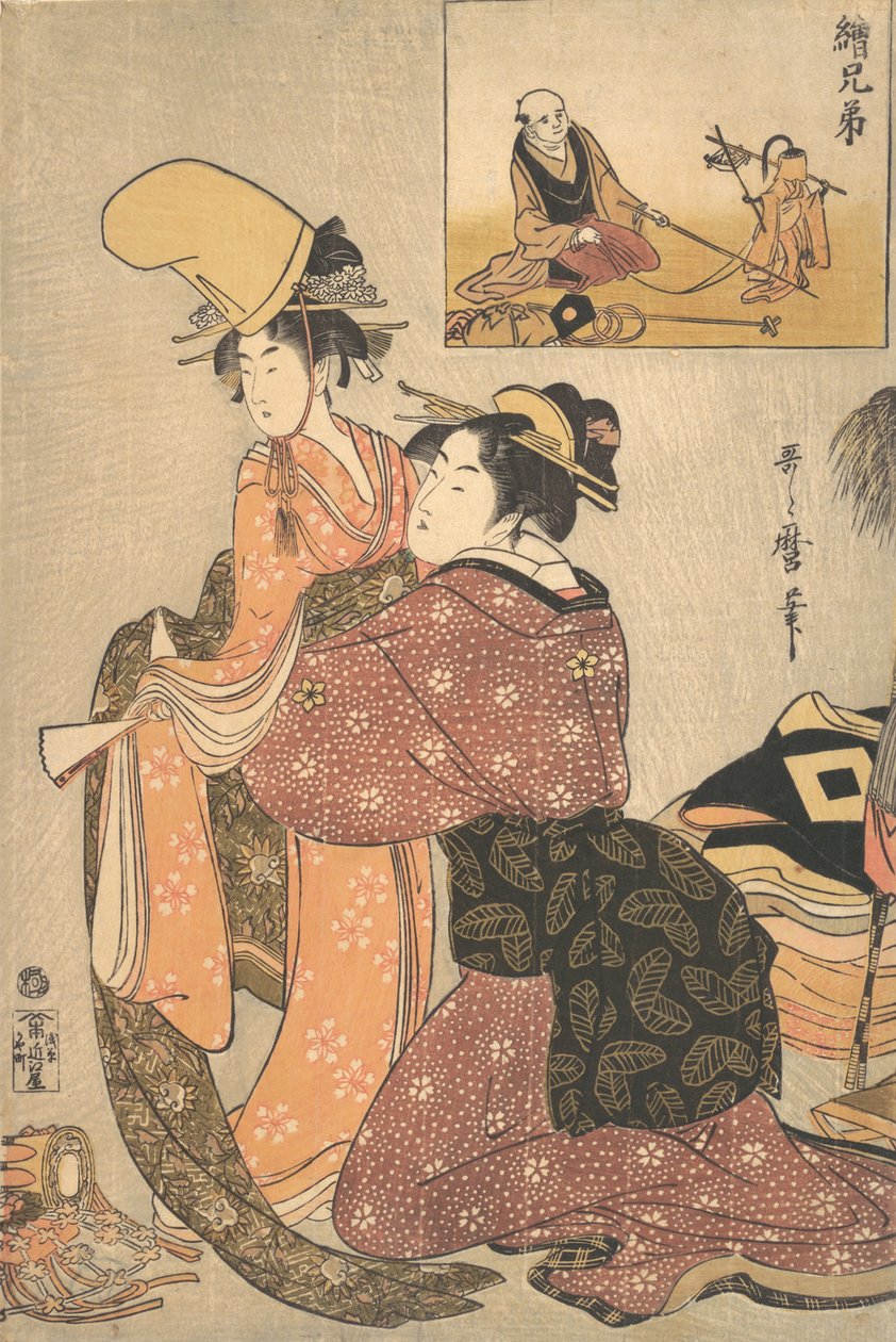 一个女人为歌舞伎舞蹈 "Musume Dojoji "的女孩穿衣服，约1795-96年。 作者 北川宇多郎