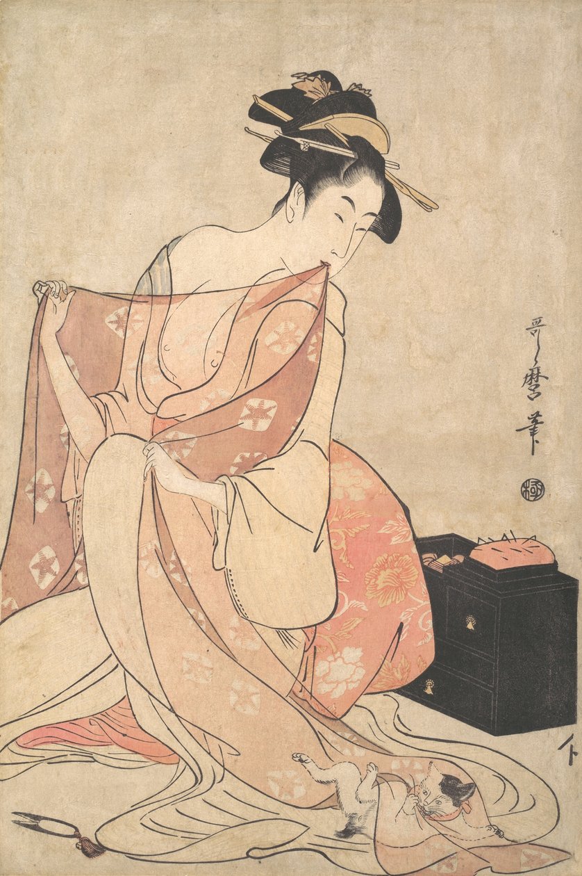 一个女人和一只猫，约1793-94。 作者 北川宇多郎