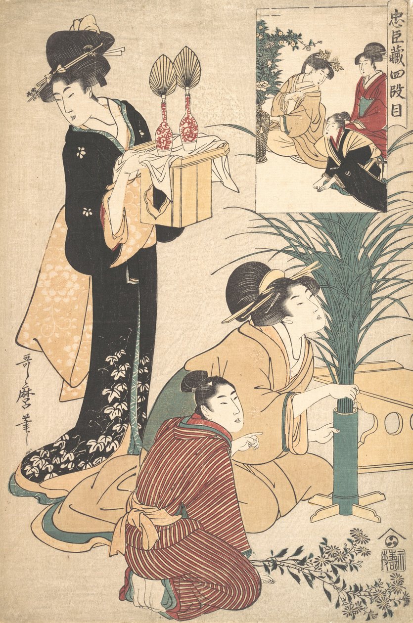 一个女人和一个男人为月季节插花，1802年。 作者 北川宇多郎