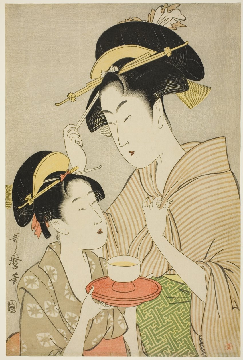 一位少女向另一位女子敬茶 作者 北川宇多郎