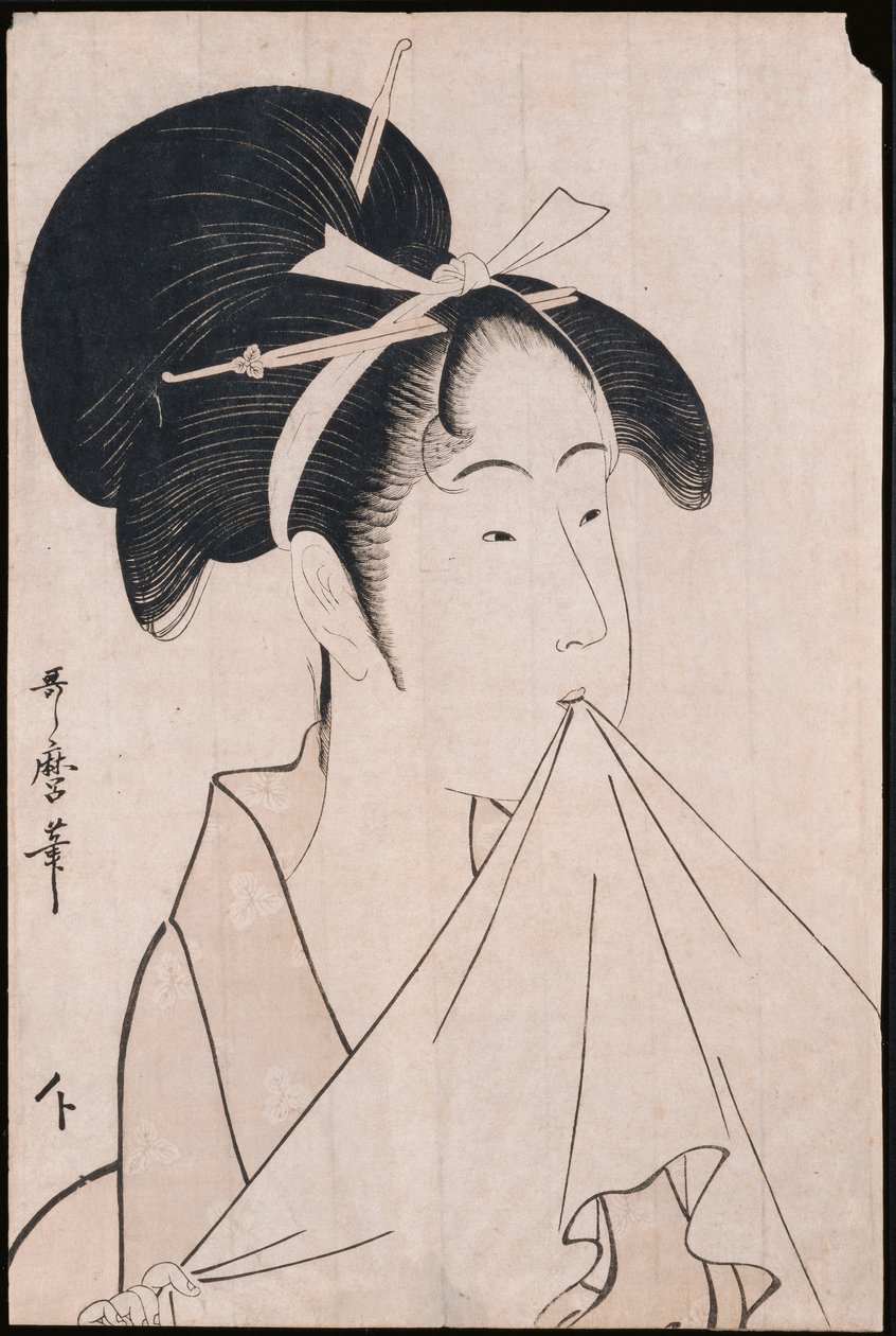 Naniwaya冲田的半身人像在她的牙齿中握着一条毛巾并伸展布 作者 北川宇多郎