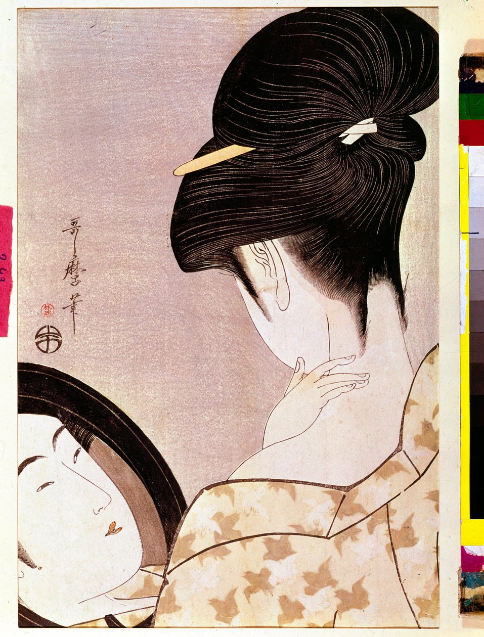 A woman powering her neck with shade Japanese print by Utamaro Kitagawa (1753-1806) - Sun 0,37x0,22 m - 1795-1796 - Paris, Musee Guimet, Musee national des Arts Asians 作者 北川宇多郎